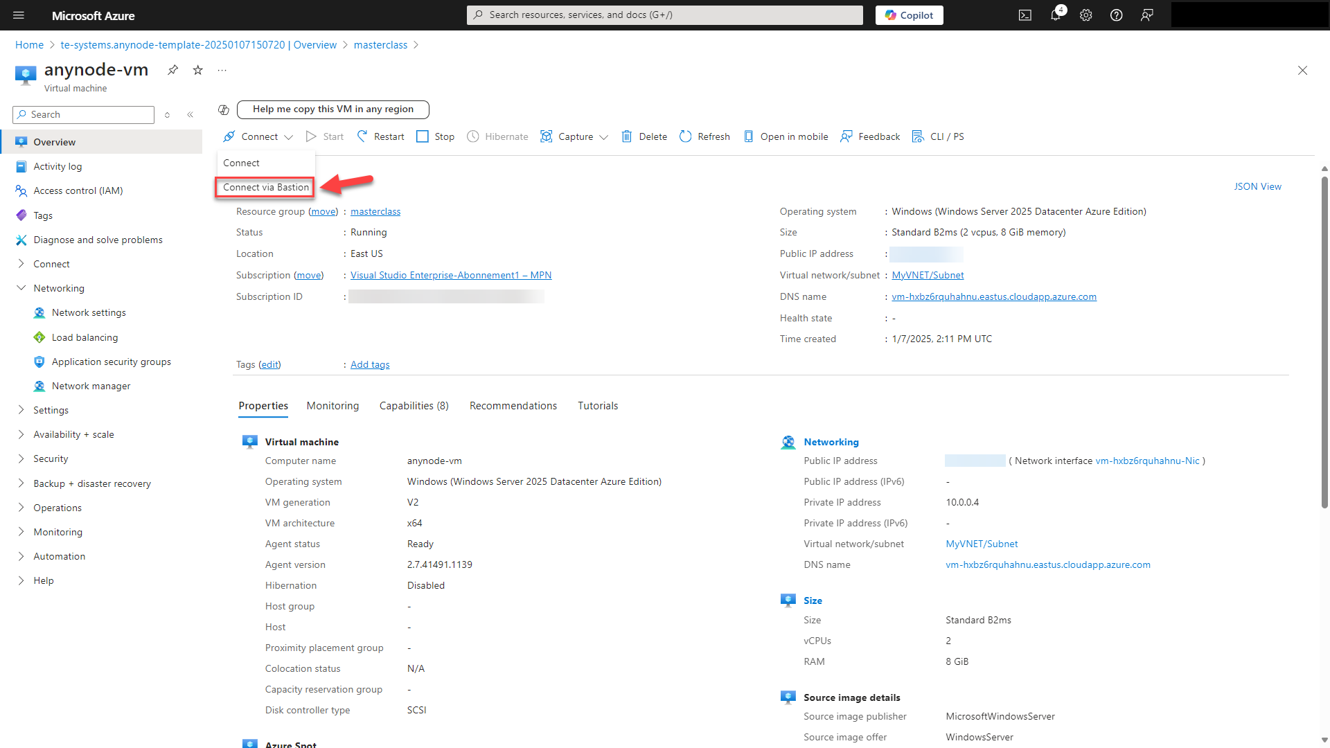 Screenshot: Microsoft Azure with anynode – The Software SBC template edition and connection via Azure Bastion.