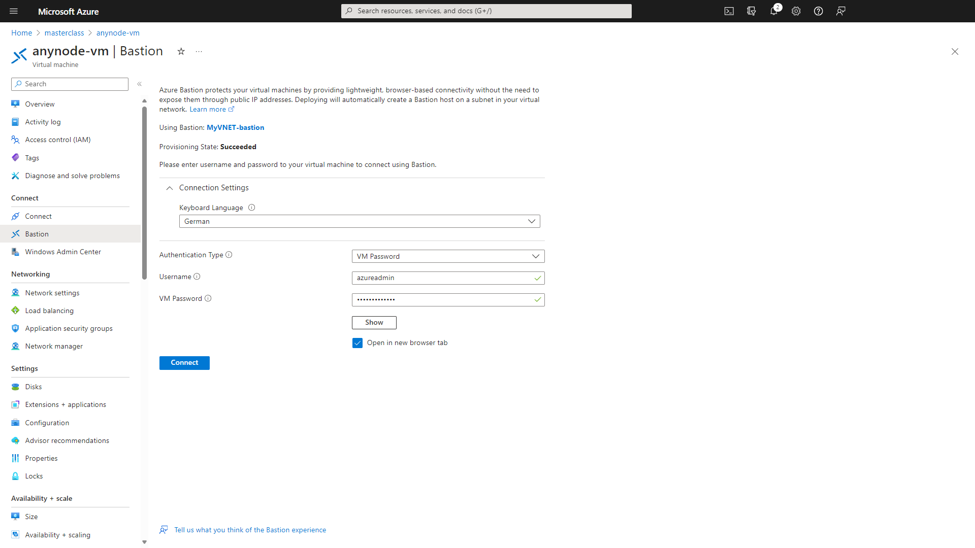 Screenshot: Microsoft Azure with anynode – The Software SBC template edition and connection to complete deployment with anynode frontend welcome screen.