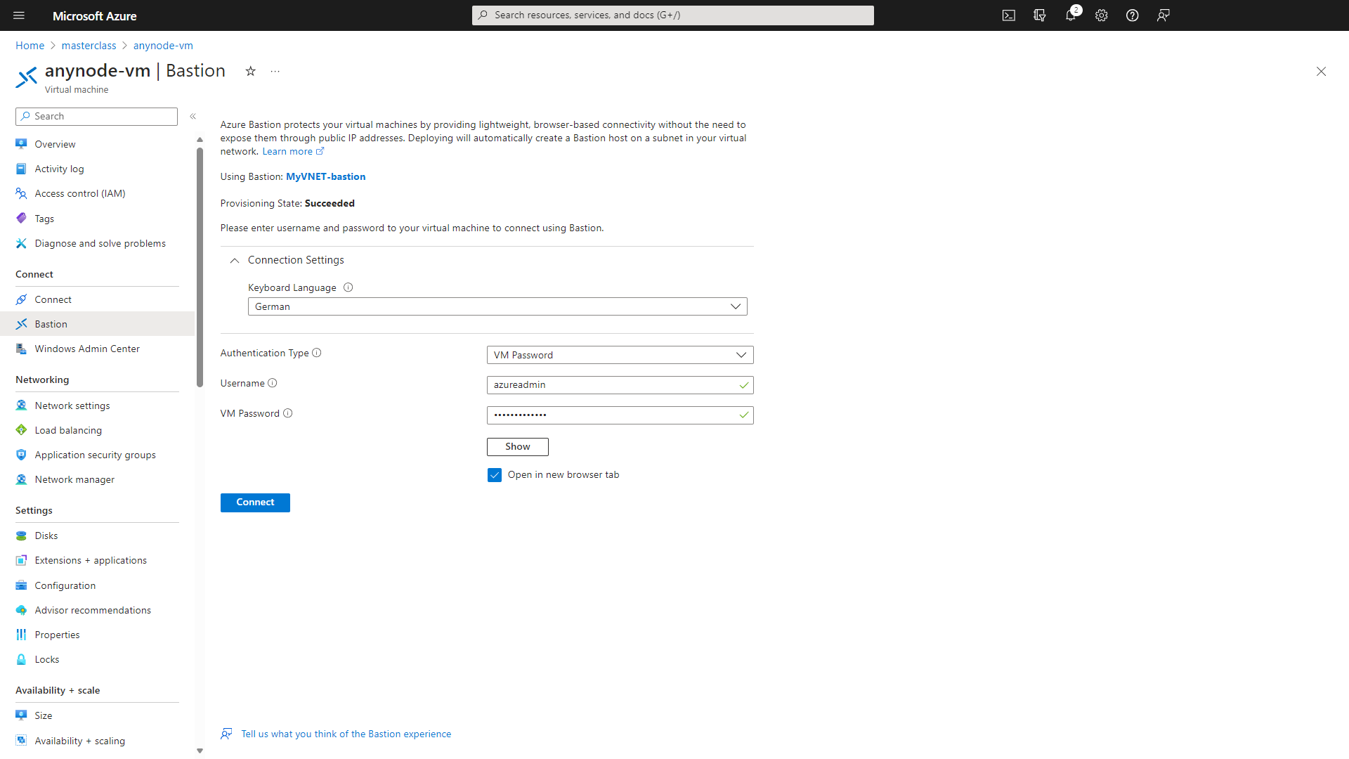 Screenshot: Microsoft Azure with anynode – The Software SBC template edition and connection settings via Azure Bastion.