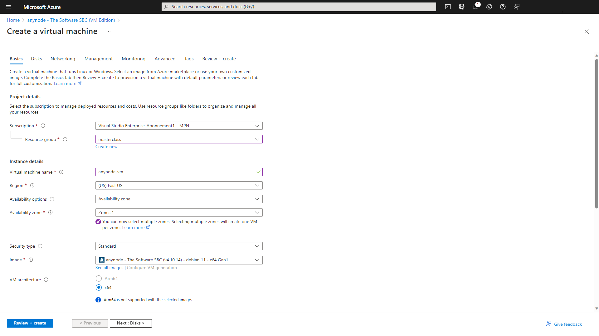 Screenshot: Microsoft Azure with anynode – The Software SBC VM Edition and project and instance details.