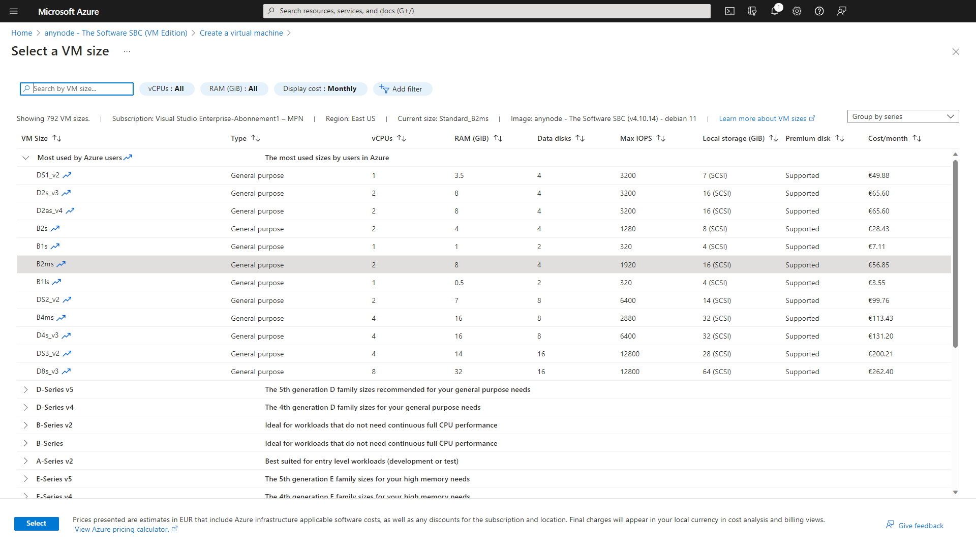 Screenshot: Microsoft Azure with anynode – The Software SBC VM Edition and instance details with selection of VM size.