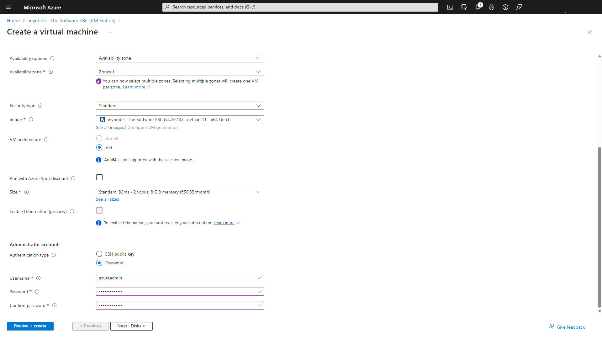 Screenshot: Microsoft Azure with anynode – The Software SBC VM Edition and administrator account settings.