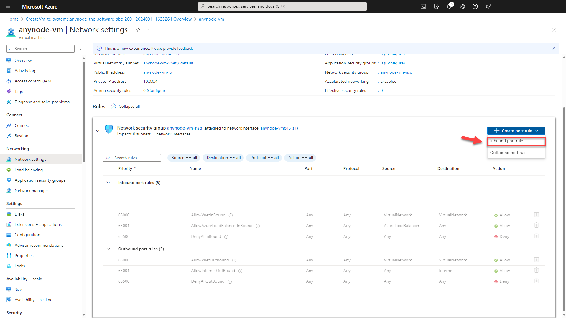 Screenshot: Microsoft Azure with anynode – The Software SBC VM Edition and network settings.