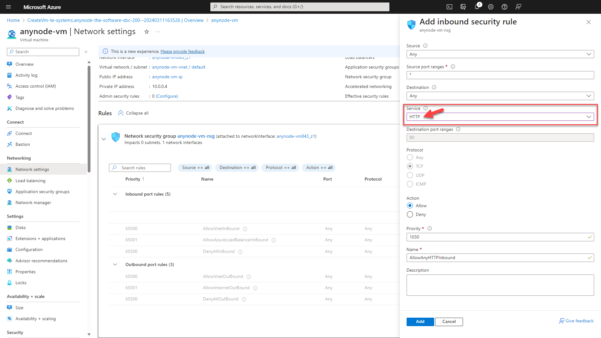 Screenshot: Microsoft Azure with anynode – The Software SBC VM Edition and network settings with HTTP inbound security rule.  