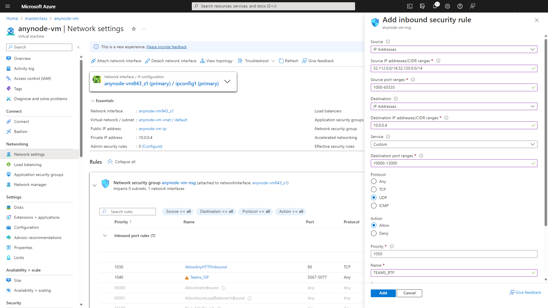 Screenshot: Microsoft Azure with anynode – The Software SBC VM Edition and network settings with TEAMS_RTP inbound security rule. 