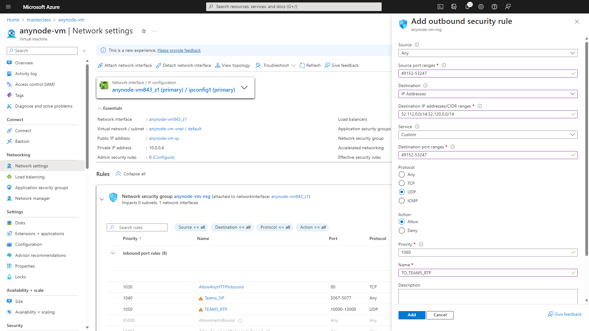 Screenshot: Microsoft Azure with anynode – The Software SBC VM Edition and network settings with TO_TEAMS_RTP outbound security rule. 