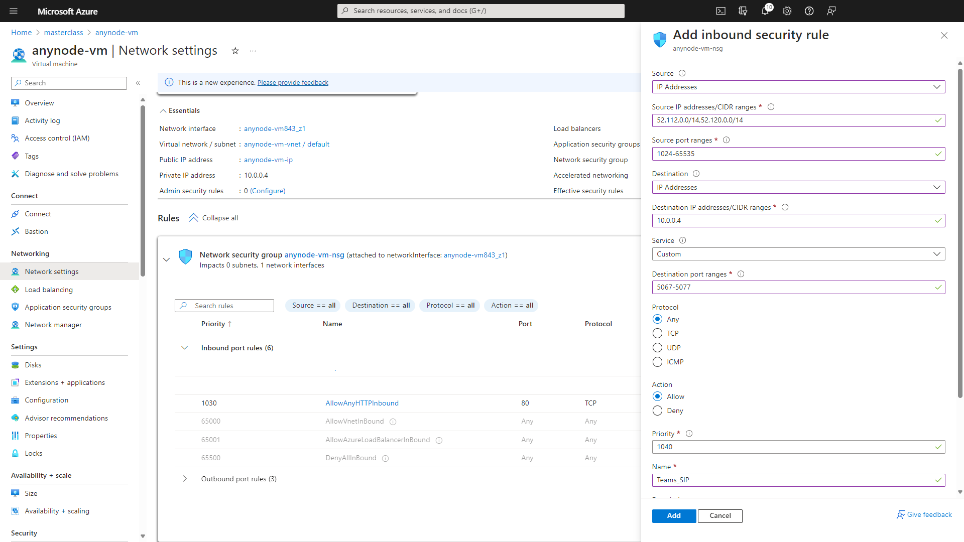 Screenshot: Microsoft Azure with anynode – The Software SBC VM Edition and network settings with Teams_SIP inbound security rule. 