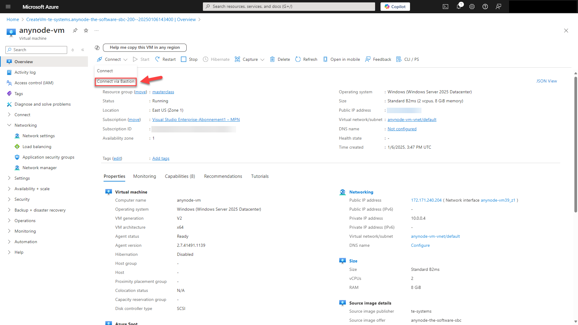 Screenshot: Microsoft Azure with anynode – The Software SBC VM Edition and connection settings via Azure Bastion.