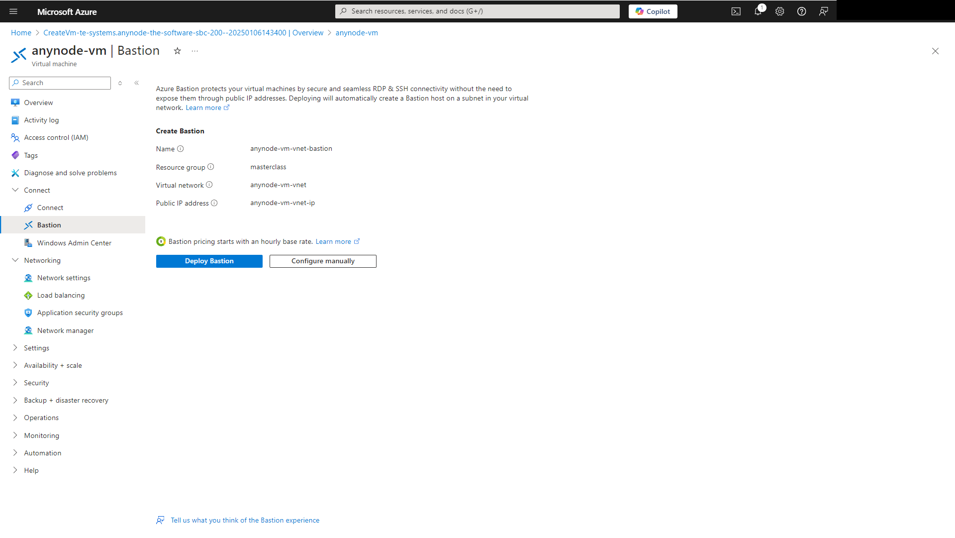 Screenshot: Microsoft Azure with anynode – The Software SBC VM Edition and connection via Azure Bastion with status check.