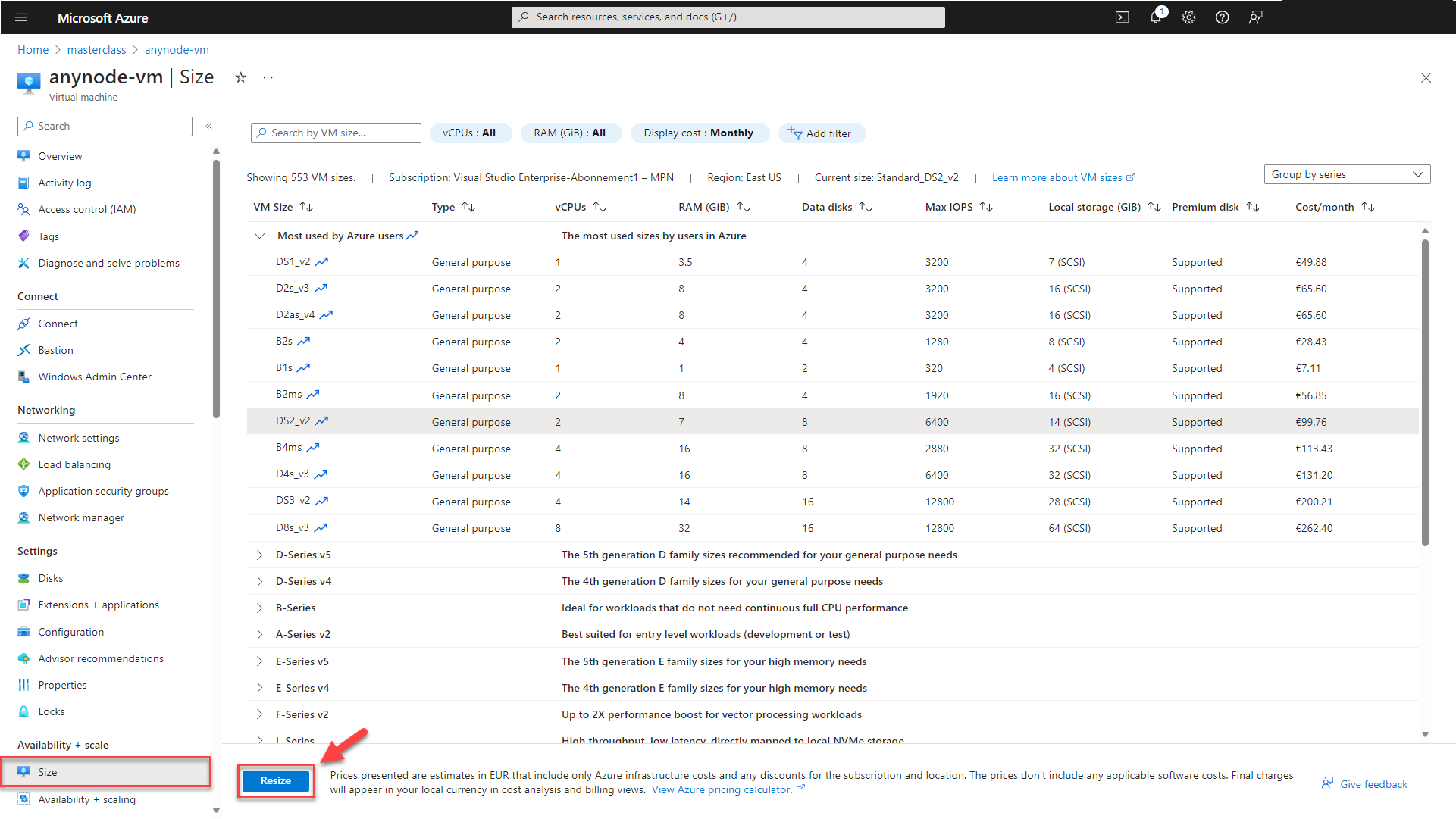 Screenshot: Microsoft Azure with anynode – The Software SBC VM Edition and resize options.