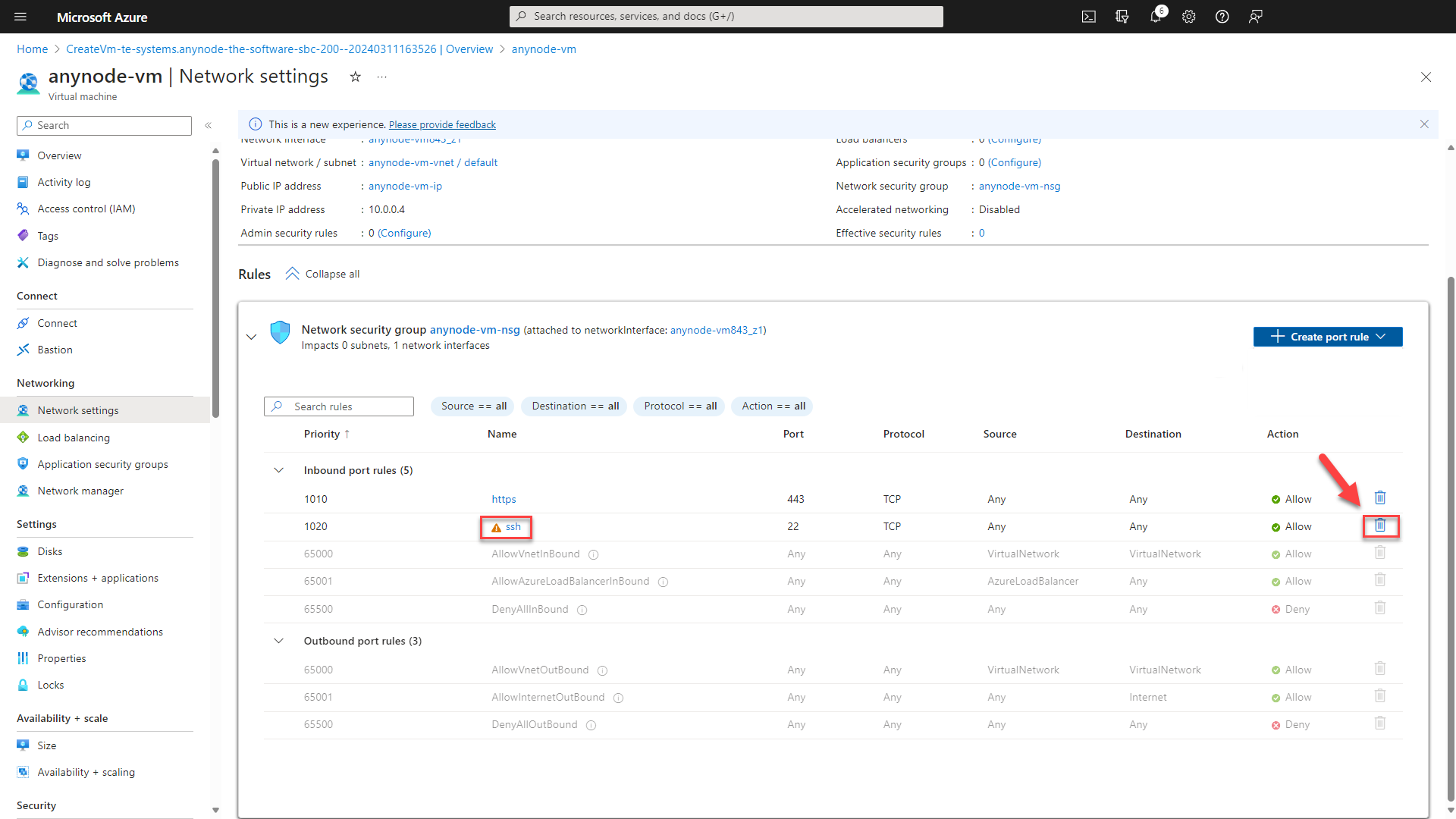 Screenshot: Microsoft Azure with anynode – The Software SBC VM Edition and network settings with deletion of the SSH inbound rule.