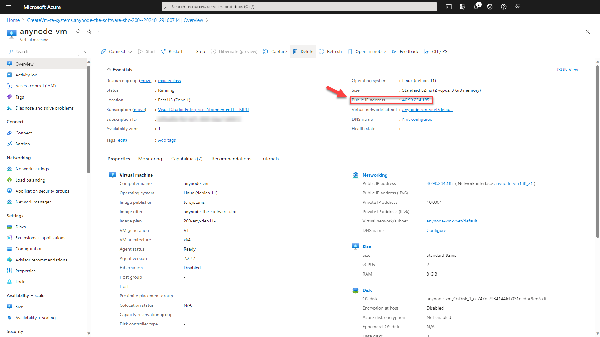 Screenshot: Microsoft Azure with anynode – The Software SBC VM Edition properties