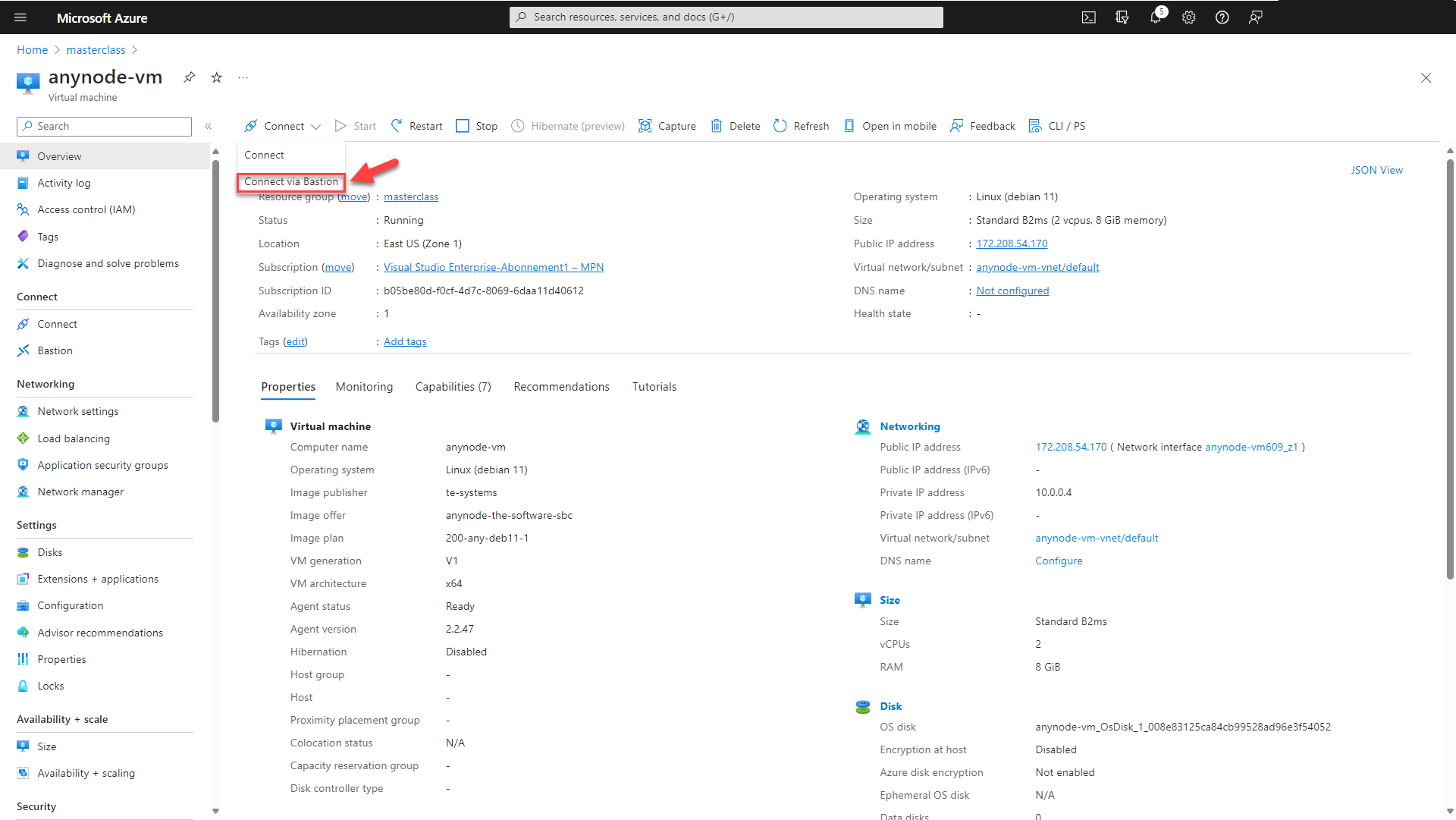 Screenshot: Microsoft Azure with anynode – The Software SBC VM Edition and connection via Azure Bastion.