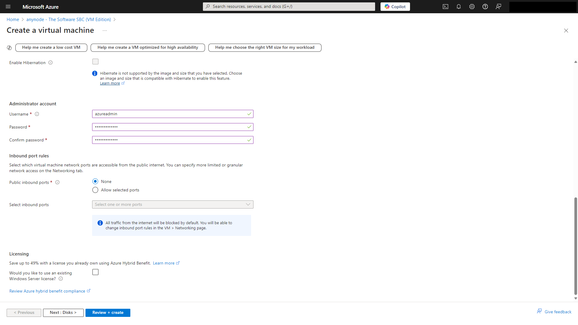 Screenshot: Microsoft Azure with Windows Server 2025 and anynode – The Software SBC VM Edition settings for administrator account and inbound port rules. 