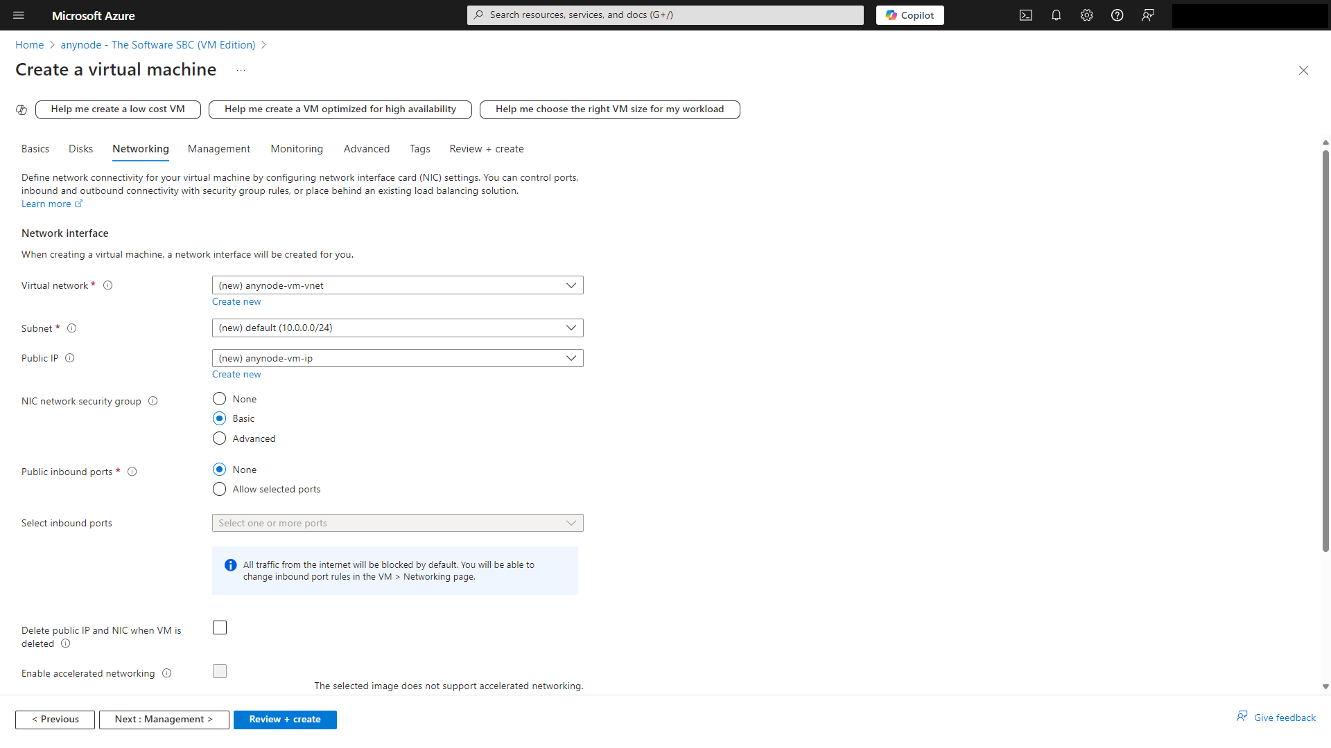 Screenshot: Microsoft Azure with Windows Server 2025 and anynode – The Software SBC VM Edition settings overview in the review + create tab.