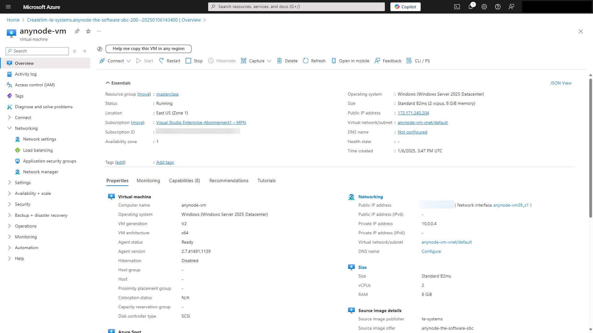 Screenshot: Microsoft Azure with Windows Server 2025 and anynode – The Software SBC VM Edition complete deployment overview.