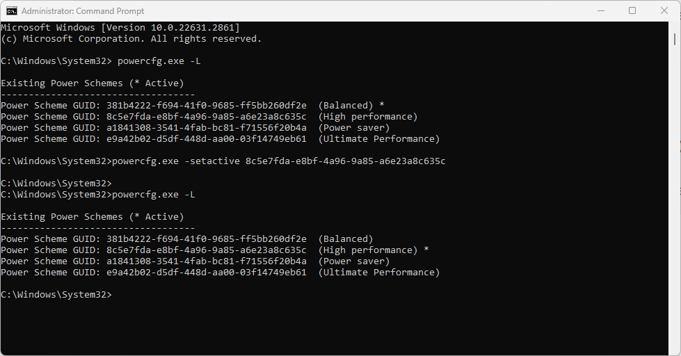 Screenshot: Microsoft Windows command prompt with powercfg.exe example.