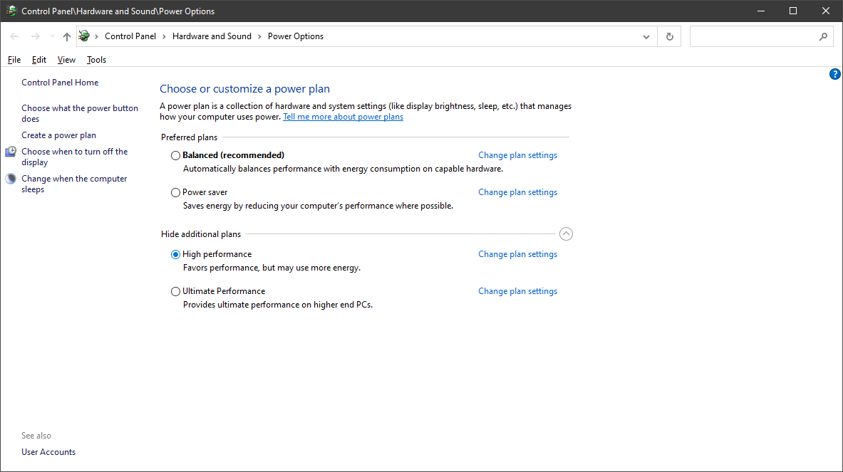 Screenshot: Microsoft Windows power options example.