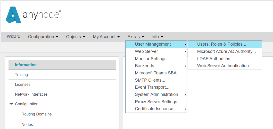 Screenshot: navigation path to anynode user management overview in anynode frontend.