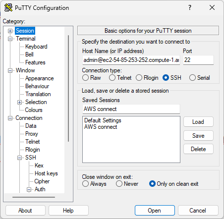 Screenshot: PuTTY configuration for connection to the VM