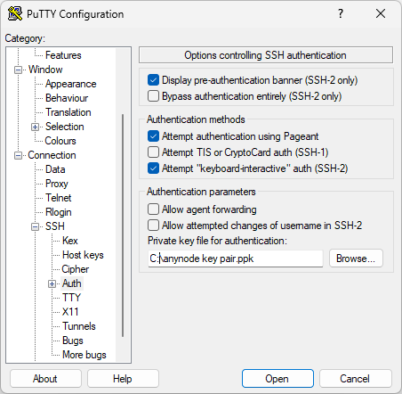 Screenshot: PuTTY configuration with options controlling SSH authentication and uploaded key pair.