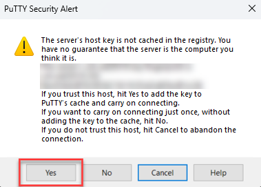 Screenshot: PuTTY security alert.