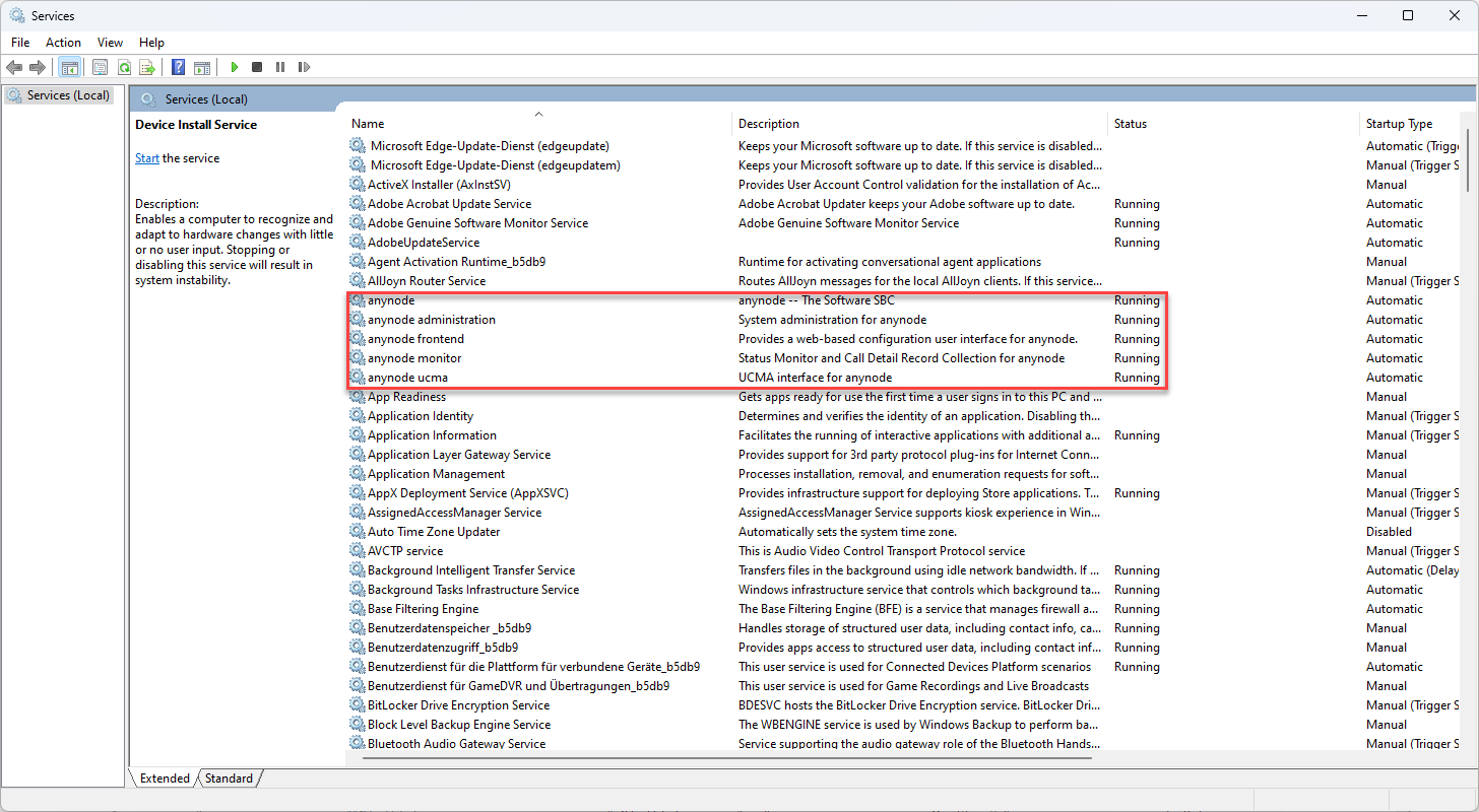 Screenshot: Running anynode services overview under Windows.