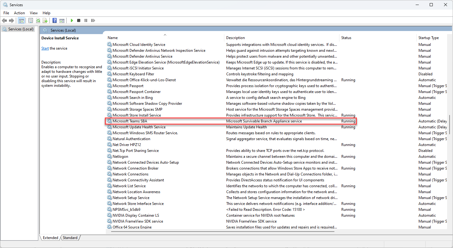 Screenshot: Running Microsoft Teams SBA service under Windows.