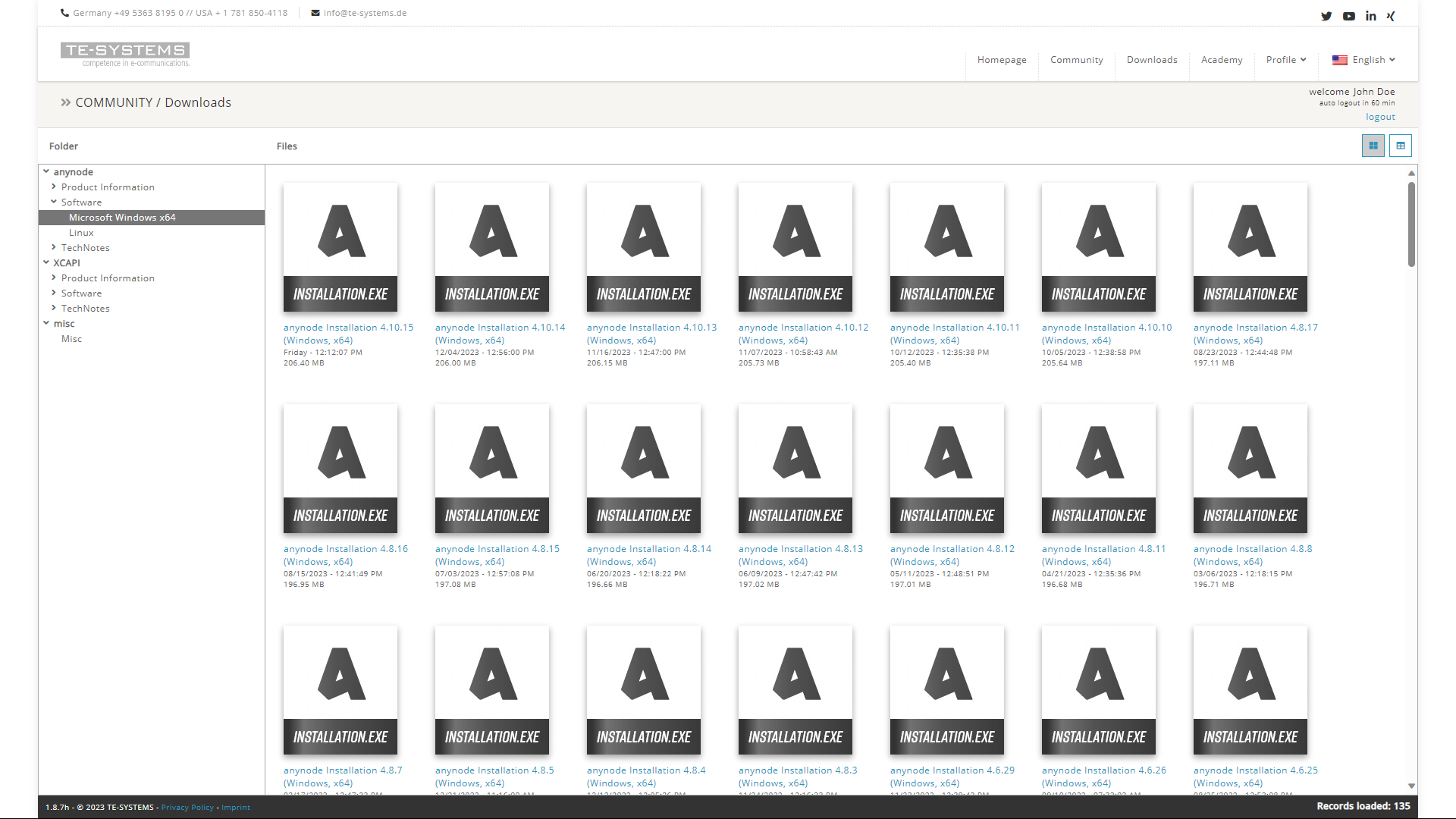 Screenshot: TE-SYSTEMS Community with anynode download section.