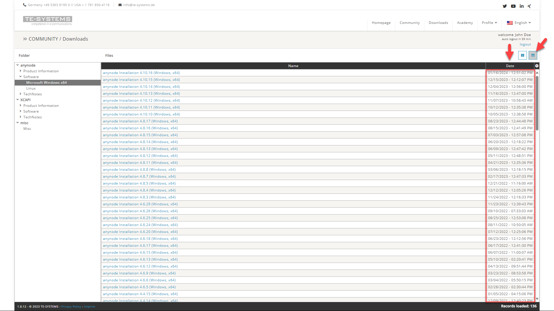 Screenshot: TE-SYSTEMS Community with list view of anynode – The Software SBC releases.