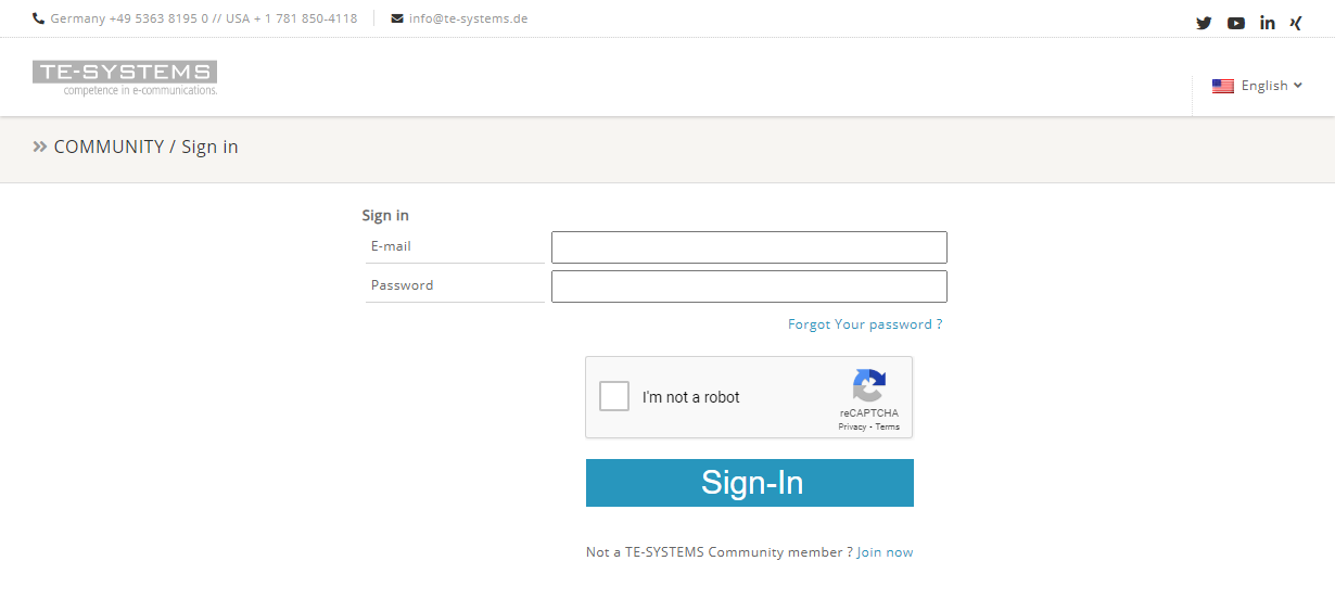 Screenshot: TE-SYSTEMS Community with sign-in form.