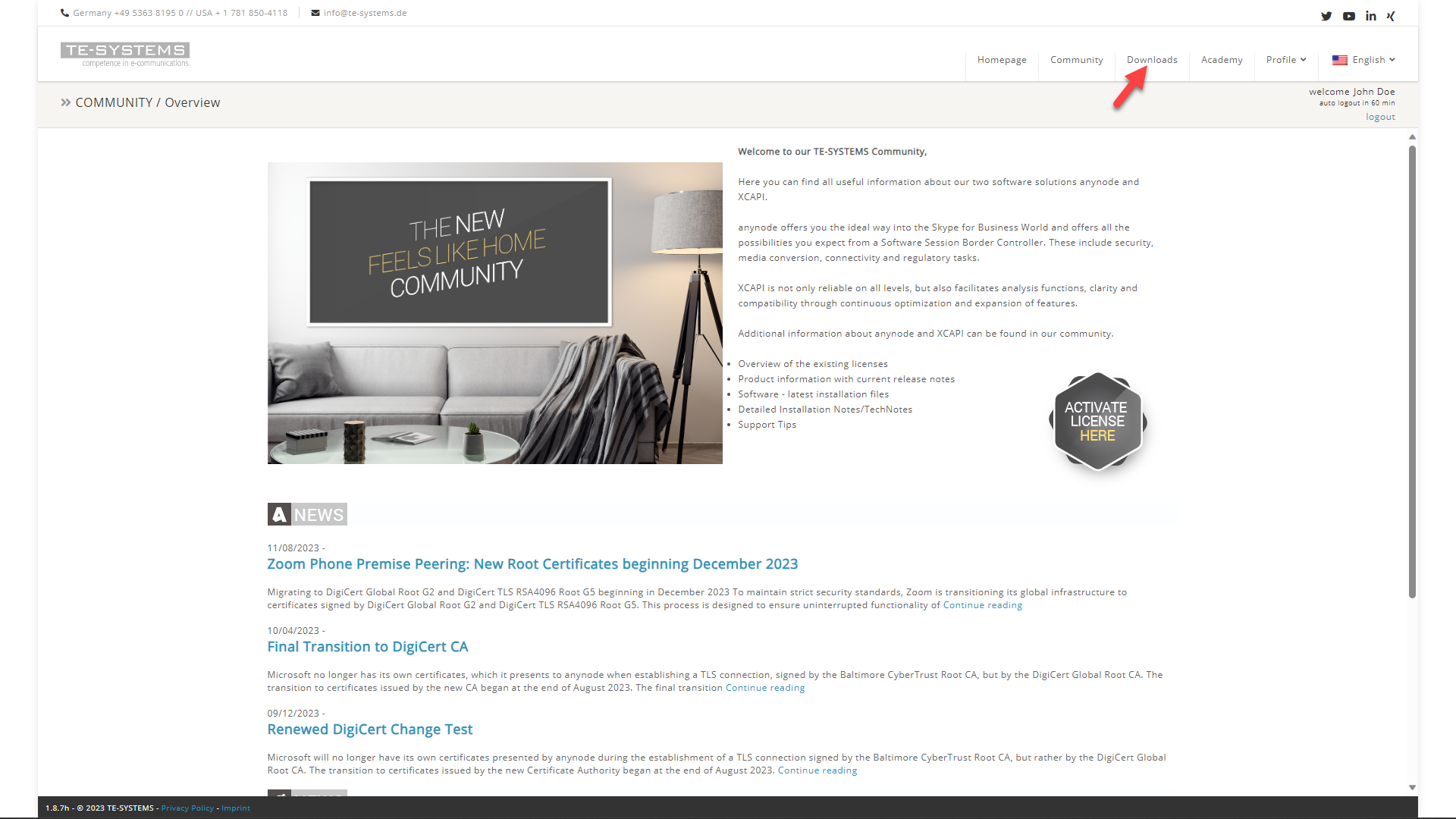 Screenshot: TE-SYSTEMS Community with the welcome page.