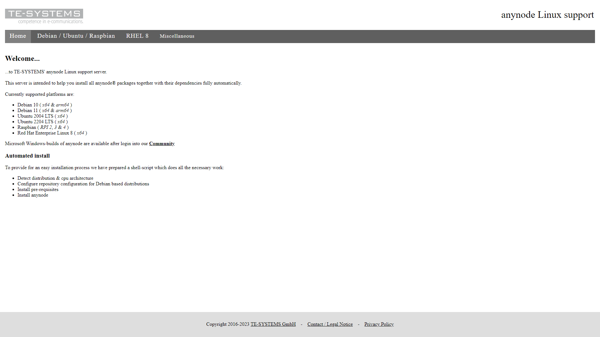 Screenshot: TE-SYSTEMS repository server start page for anynode installation on Debian, Ubuntu and Raspbian.