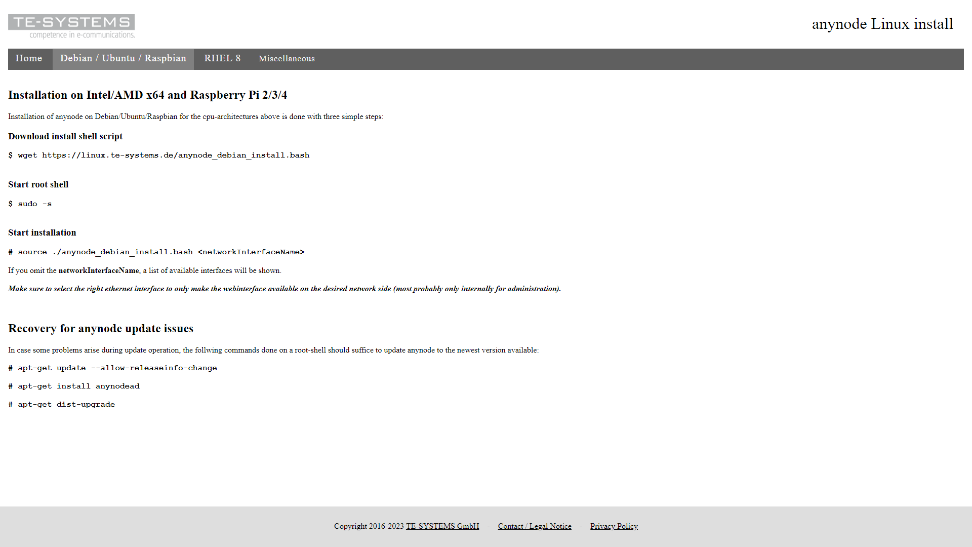 Screenshot: TE-SYSTEMS repository server start page for anynode installation on Debian, Ubuntu and Raspbian.