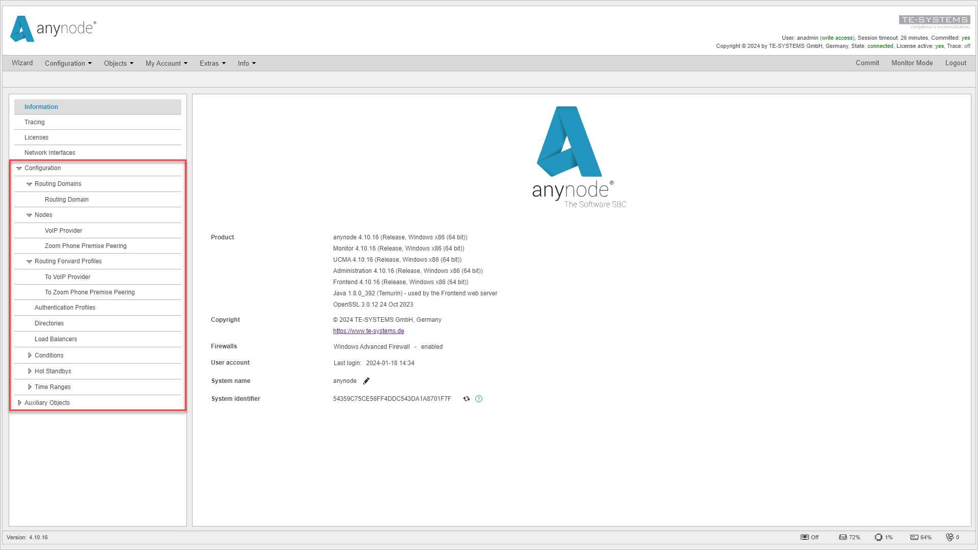 Screenshot: The anynode frontend in the main view, highlighting the areas in the left menu tree that will be deleted when using the clean function.