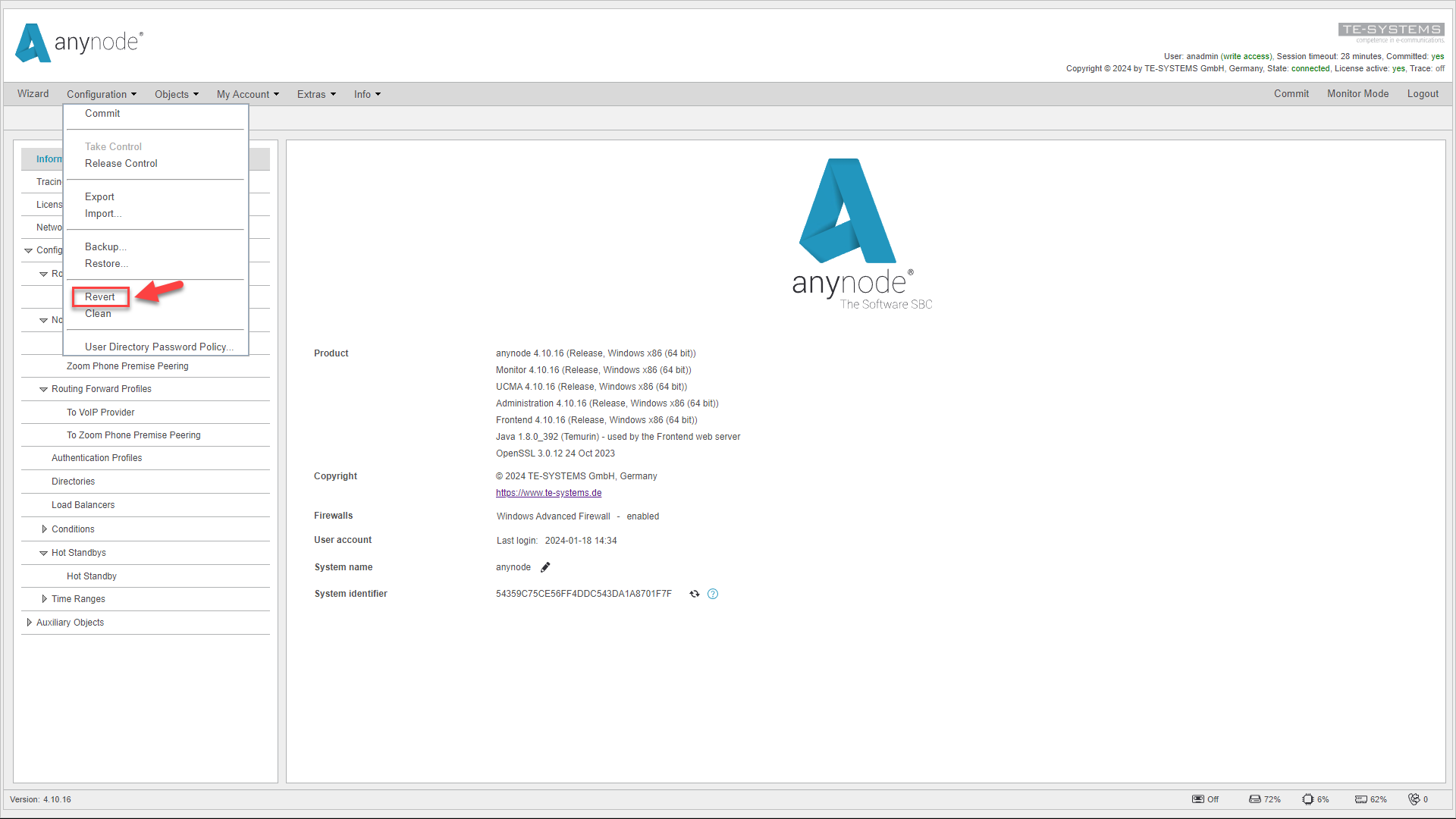 Screenshot: The anynode frontend in the main view with revert function.