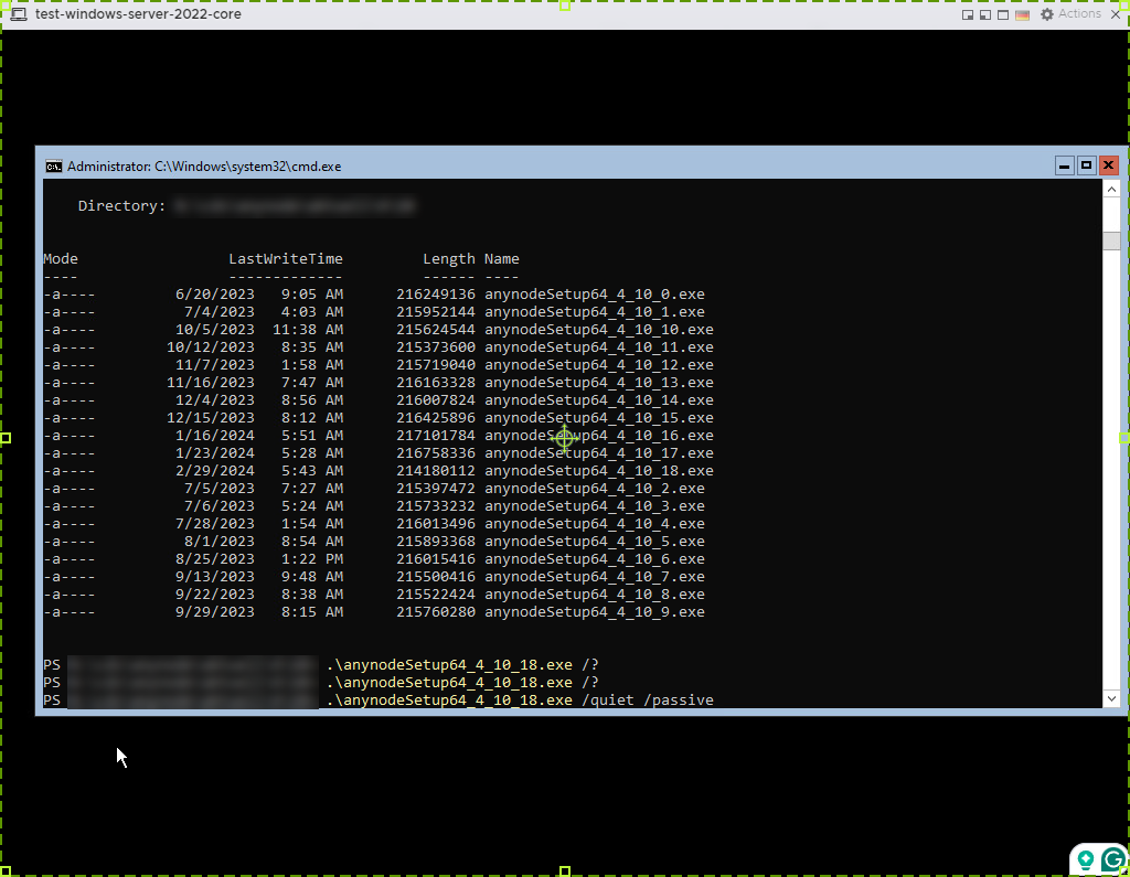 Screenshot: VMware ESXi Host Client Console with setup prompt for anynode – The Software SBC on the Windows Server 2022 Core virtual machine. 