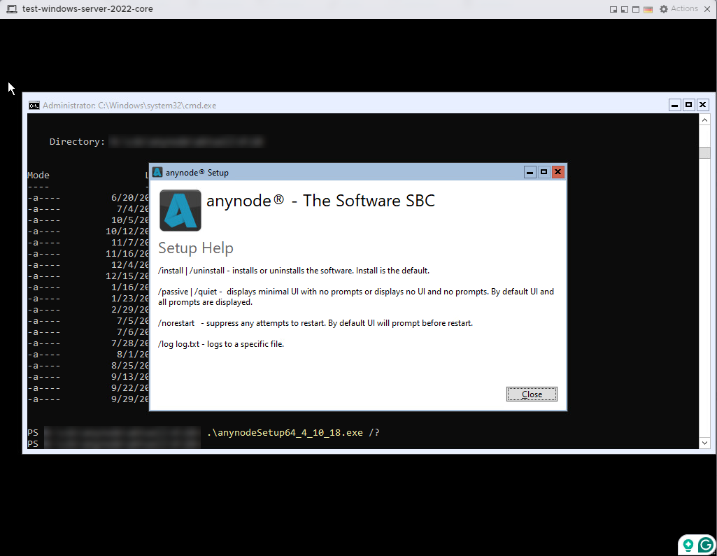 Screenshot: VMware ESXi Host Client Console with setup prompts overview for anynode – The Software SBC on the Windows Server 2022 Core virtual machine. 