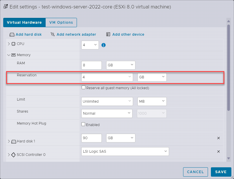 Screenshot: VMware ESXi Host Client with advanced virtual hardware settings and memory reservation.