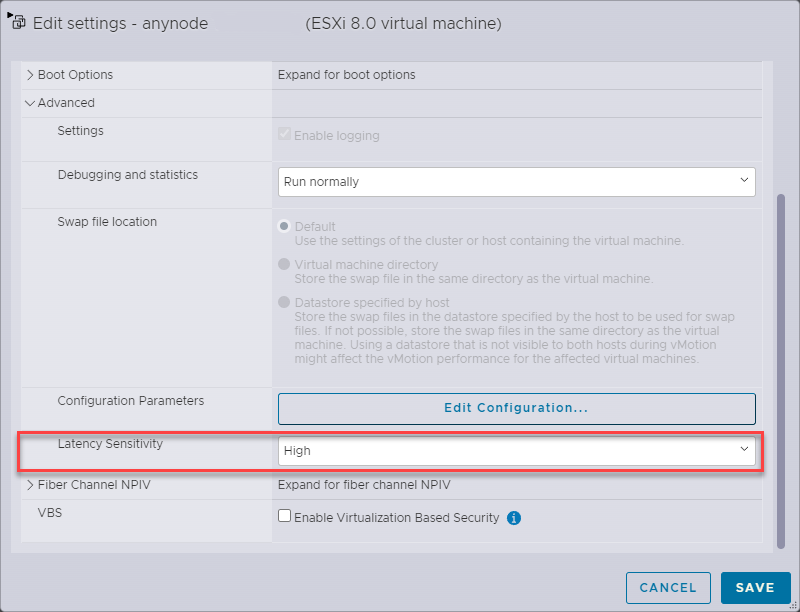 Screenshot: VMware ESXi Host Client with advanced virtual hardware settings and latency sensitivity options.