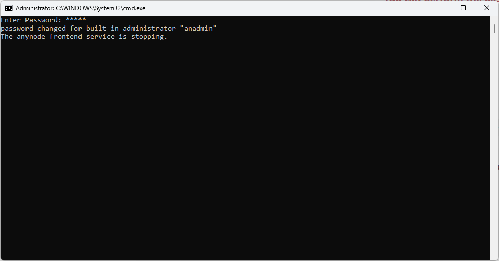 Screenshot: Windows batch file for an anynode frontend password reset.