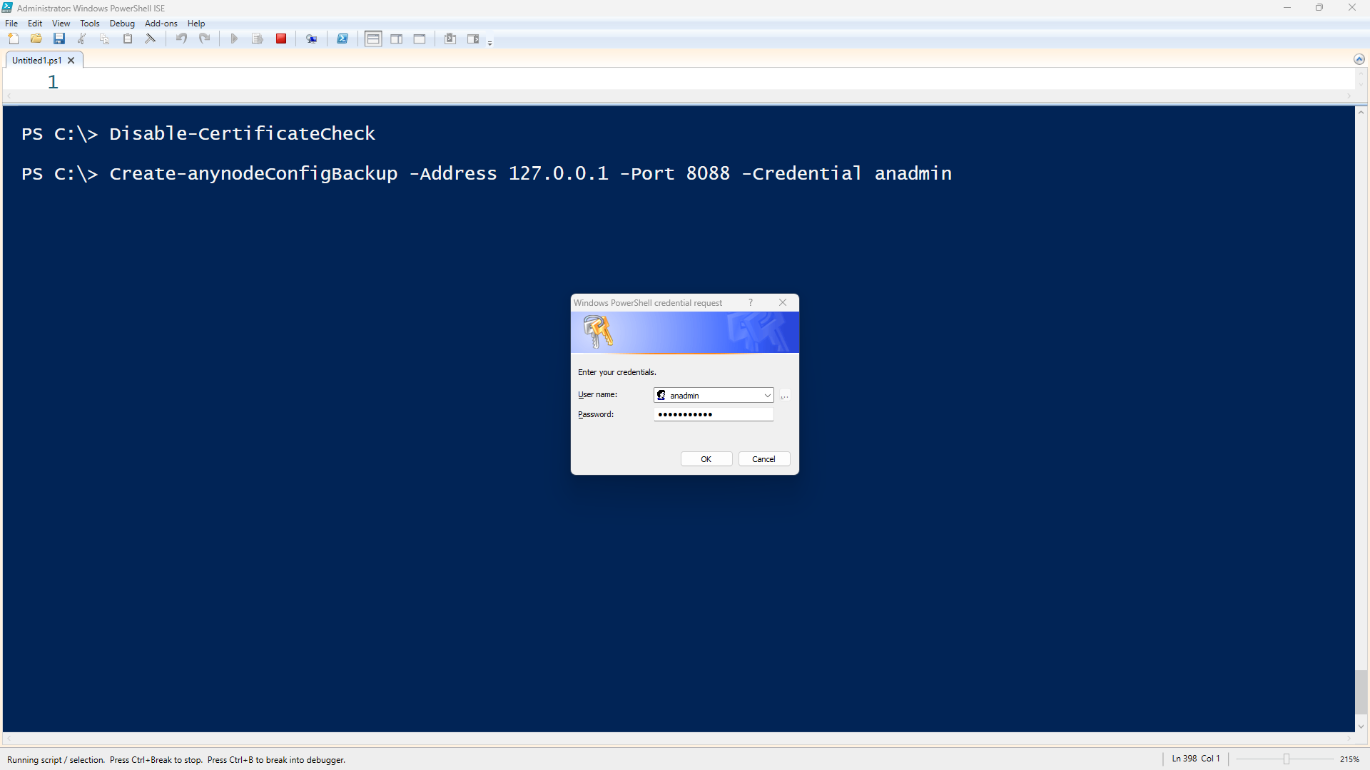 Screenshot: Windows PowerShell ISE command for creating the anynode backup.