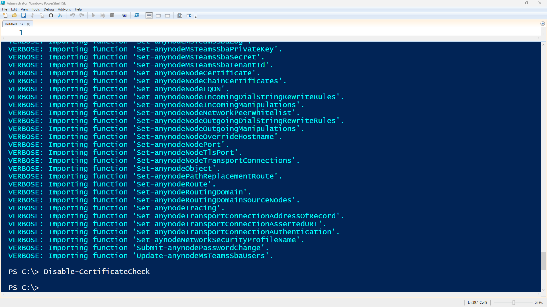 Screenshot: Windows PowerShell ISE command for disabling the certificate check.