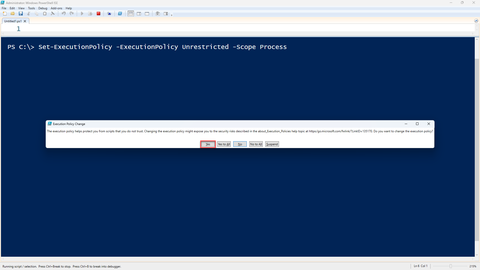 Screenshot: Windows PowerShell ISE command for execution policy change.