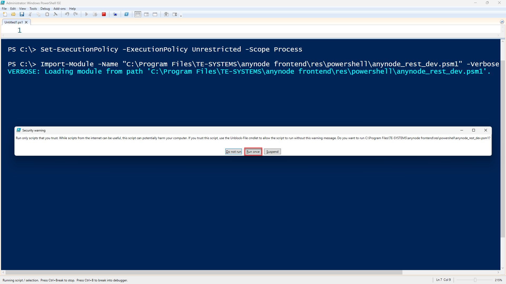 Screenshot: Windows PowerShell ISE command for import of the anynode PowerShell module.