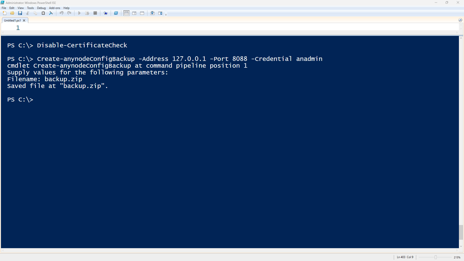 Screenshot: Windows PowerShell ISE with saved anynode backup.