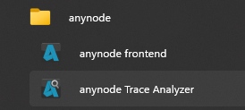 Screenshot: Windows start menu with all apps and anynode folder.