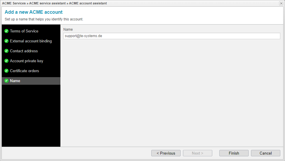 Screenshot: anynode ACME account assistant with account name setup.