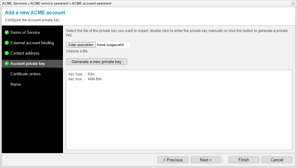 Screenshot: anynode ACME account assistant with account private key configuration.