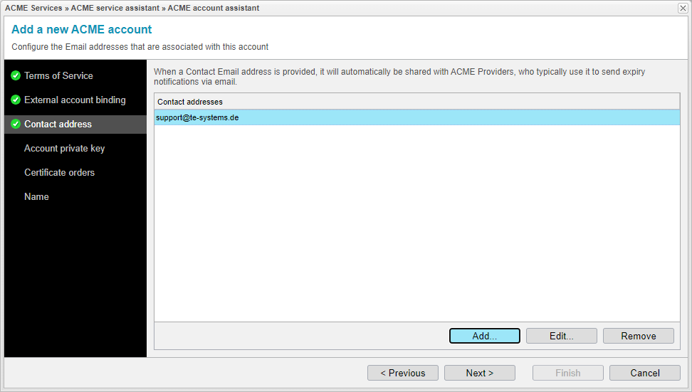 Screenshot: anynode ACME account assistant with contact address configuration.